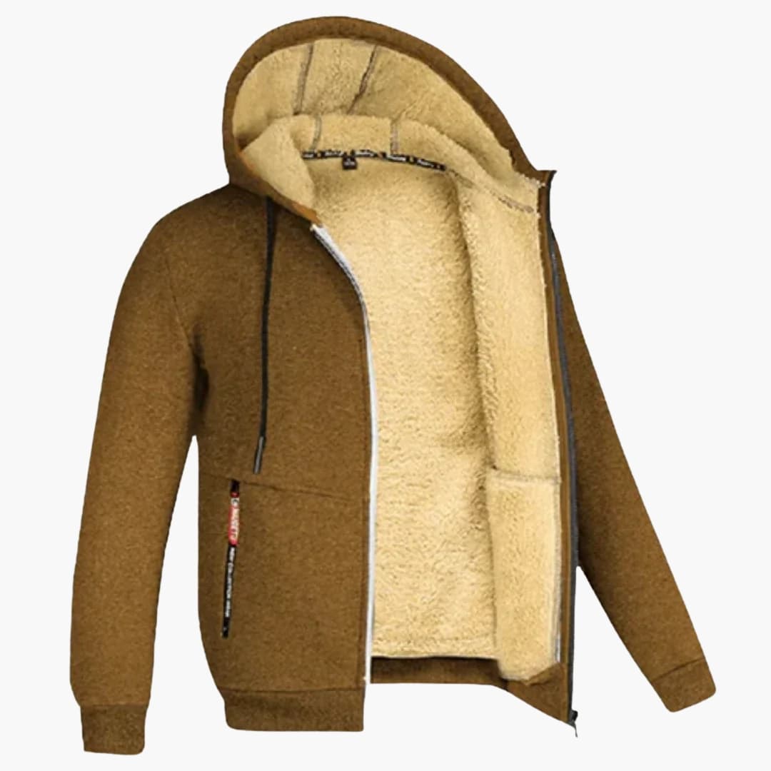 Men's zip-up hoodie with lined interior, adjustable drawstring hood, two front pockets, casual fit