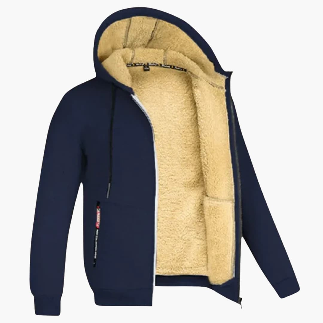 Men's zip-up hoodie fleece-lined interior adjustable drawstring two front pockets casual warm fit
