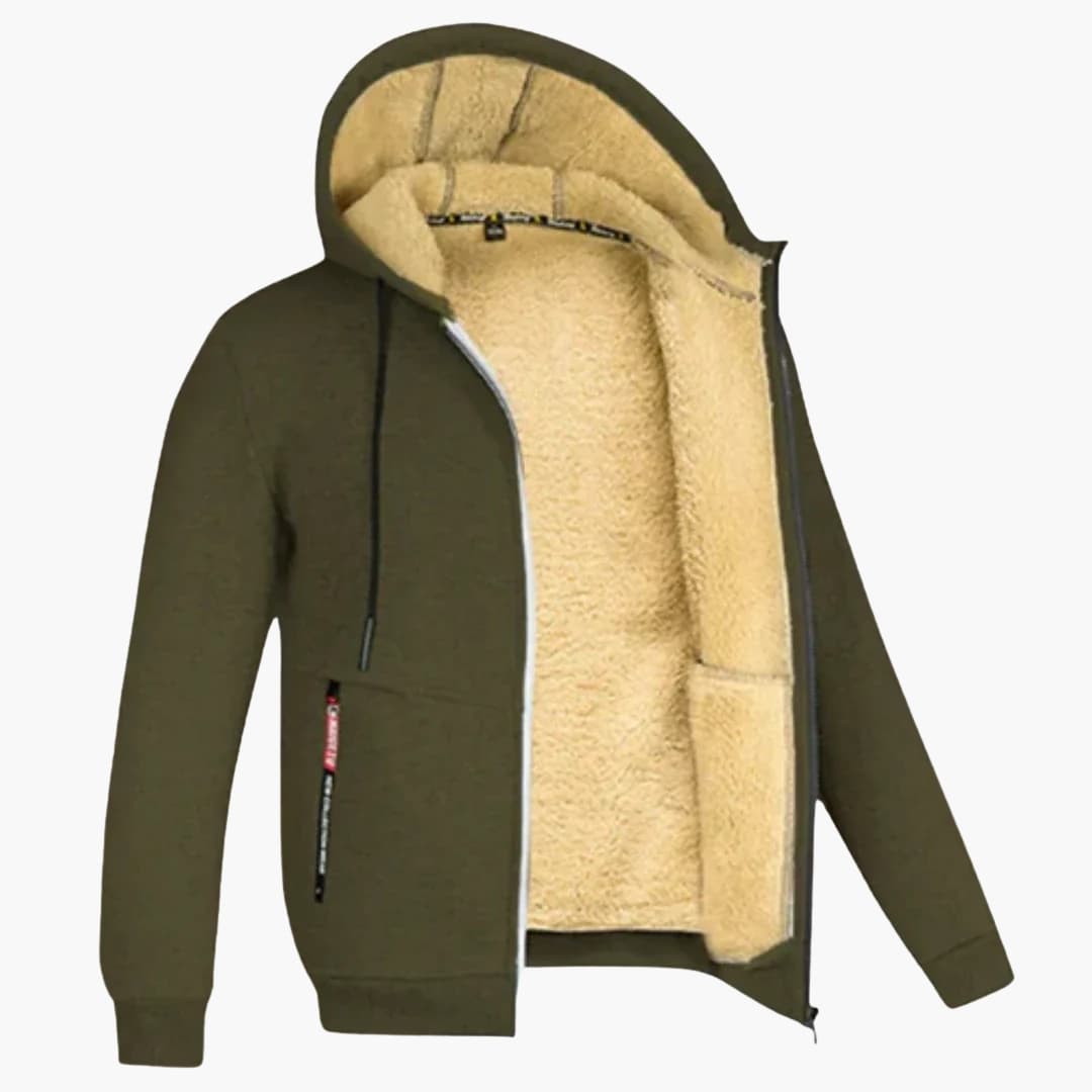 Men's full-zip hoodie with lined interior, adjustable drawstring hood, and two front pockets