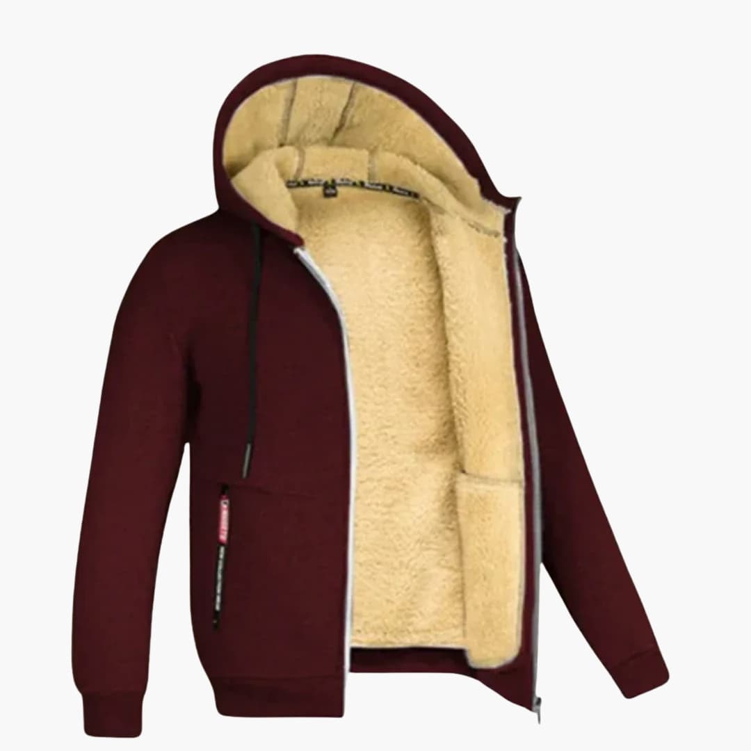 Men's full-zip hoodie with lined interior, adjustable drawstring hood, and two front pockets