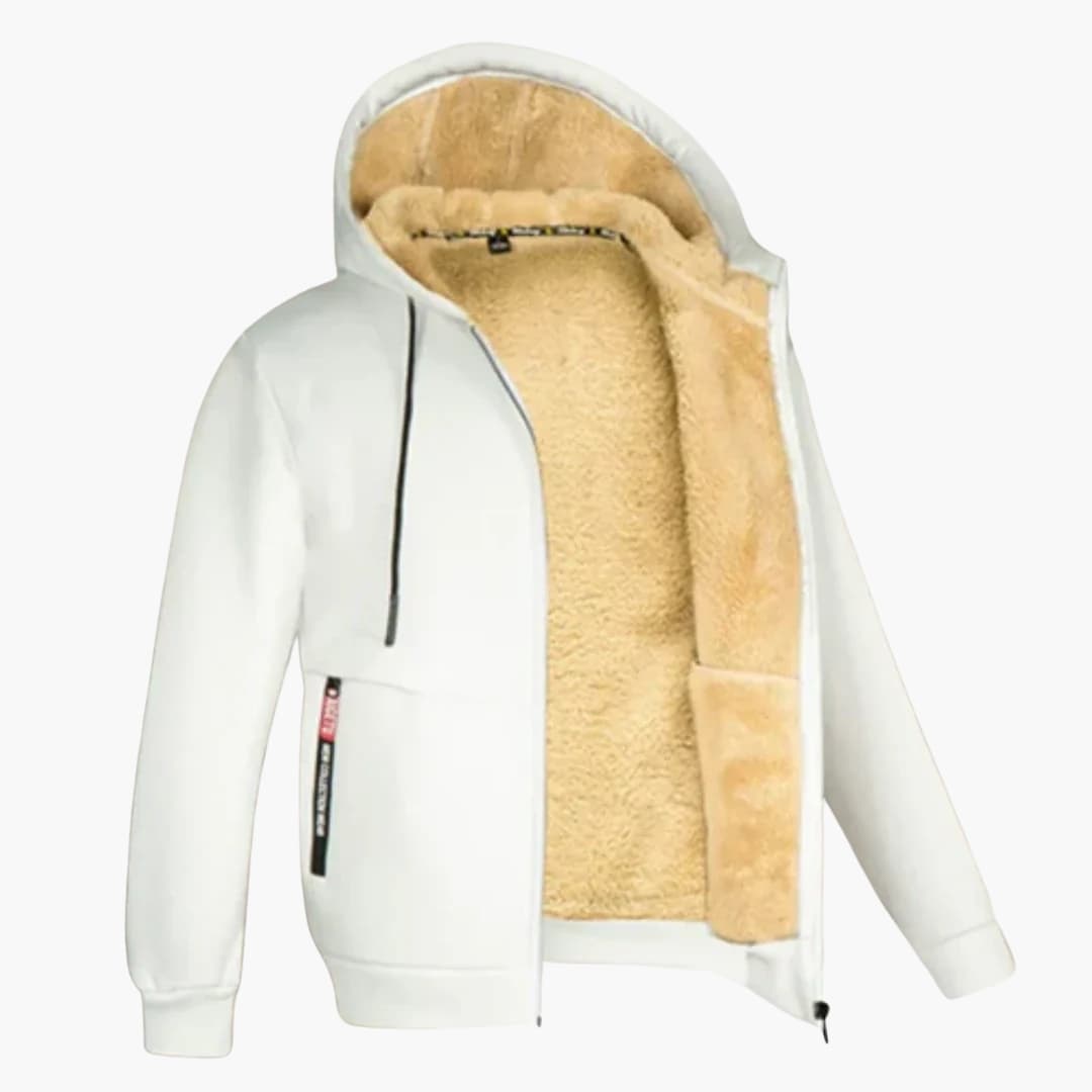 Men's zip-up hoodie lined interior full zip adjustable drawstring two front pockets casual warm