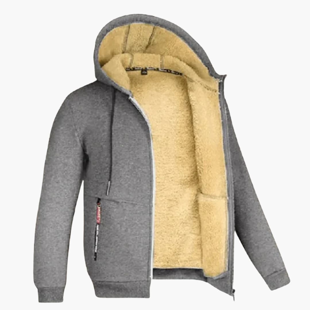 Men's full-zip hoodie with lined interior, adjustable drawstring hood, and two front pockets