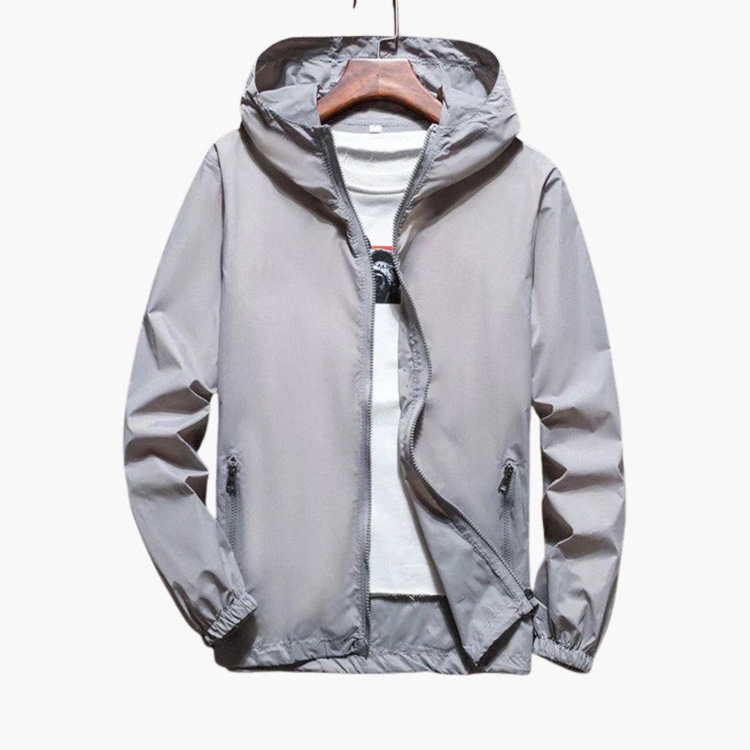 Men's gray hooded zip-up jacket with elastic hem, zippered pockets, and adjustable cuffs