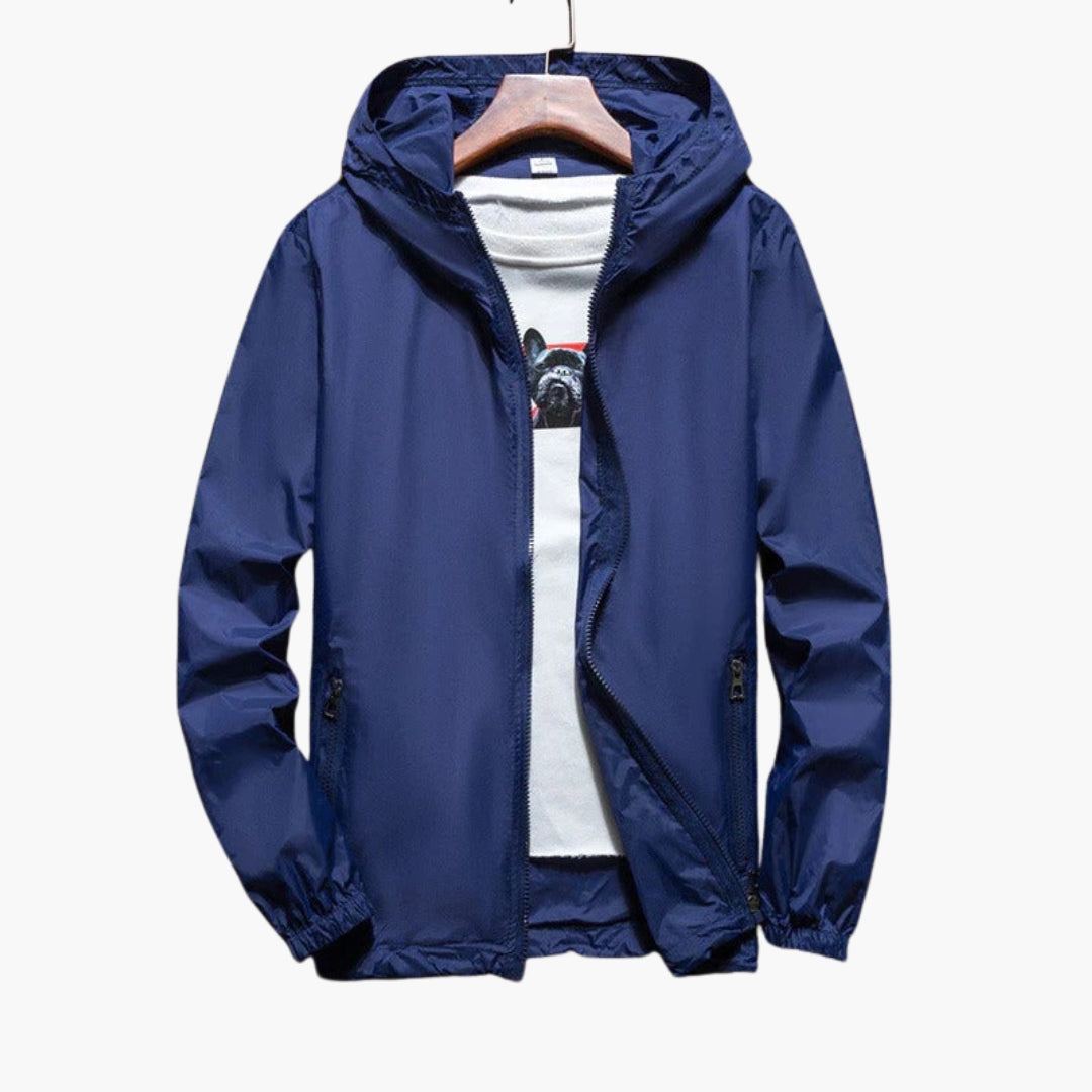 Men's hooded full-zip jacket elastic cuffs zippered pockets versatile casual layering piece