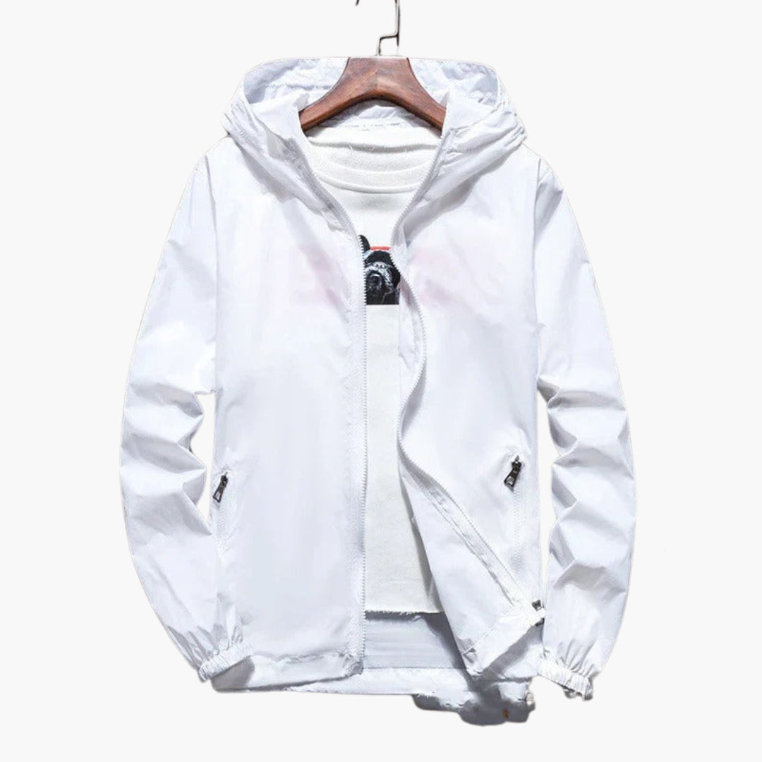 Men's hooded full-zip jacket elastic hem cuffs zippered pockets versatile casual layering fit