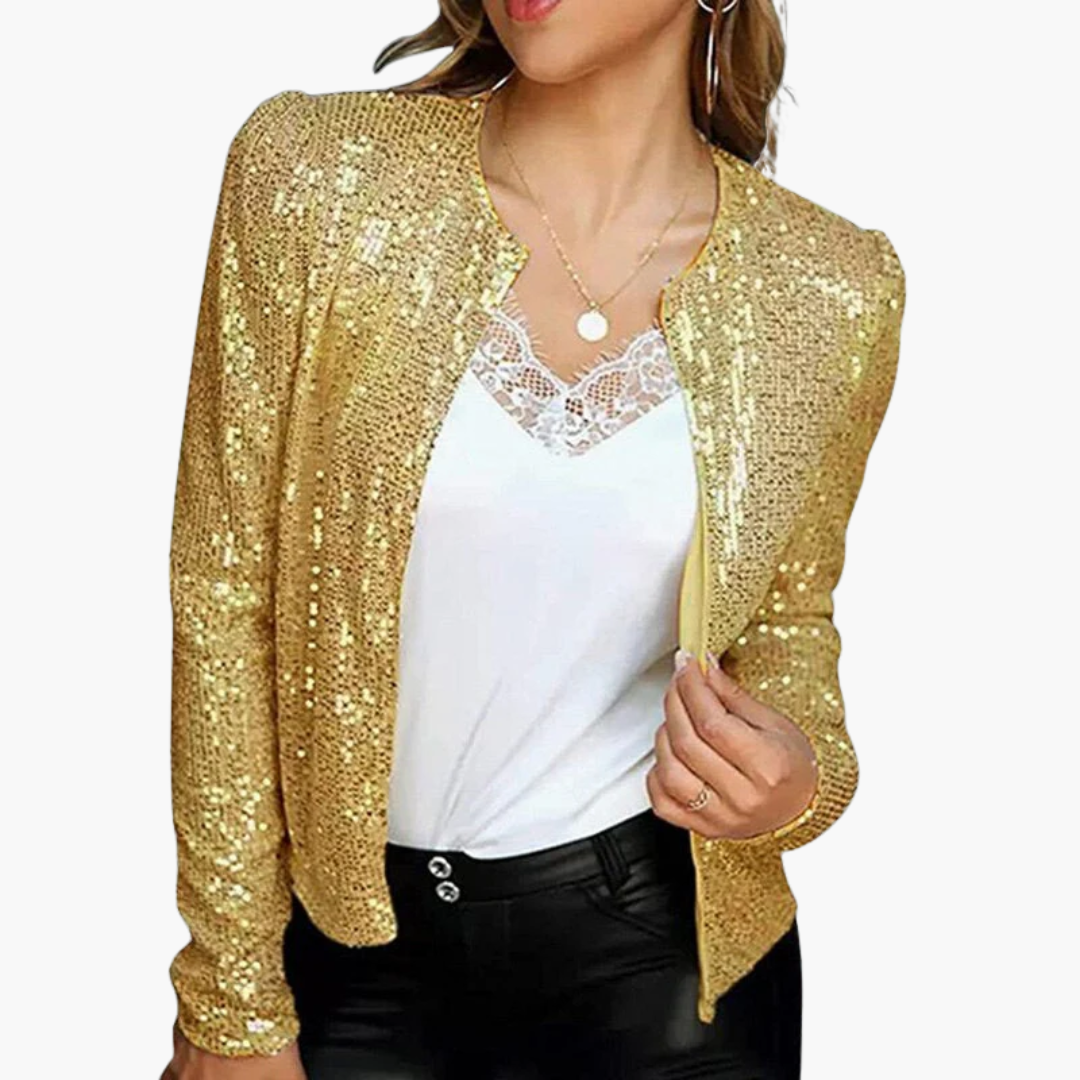 Women's silver sequin jacket front opening long sleeves textured shimmer woven base glam party wear