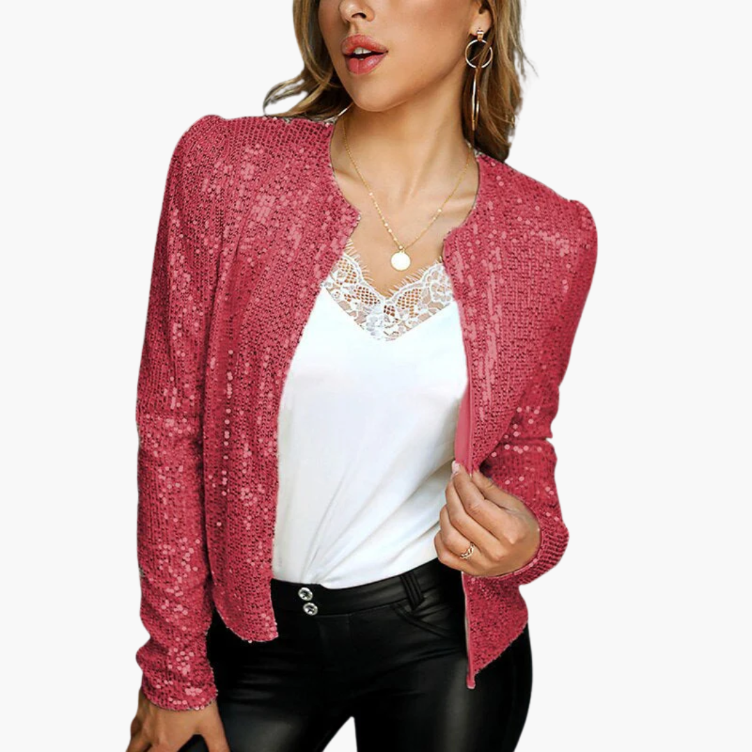 Women's silver sequin jacket front opening long sleeves textured shimmer woven glam party wear
