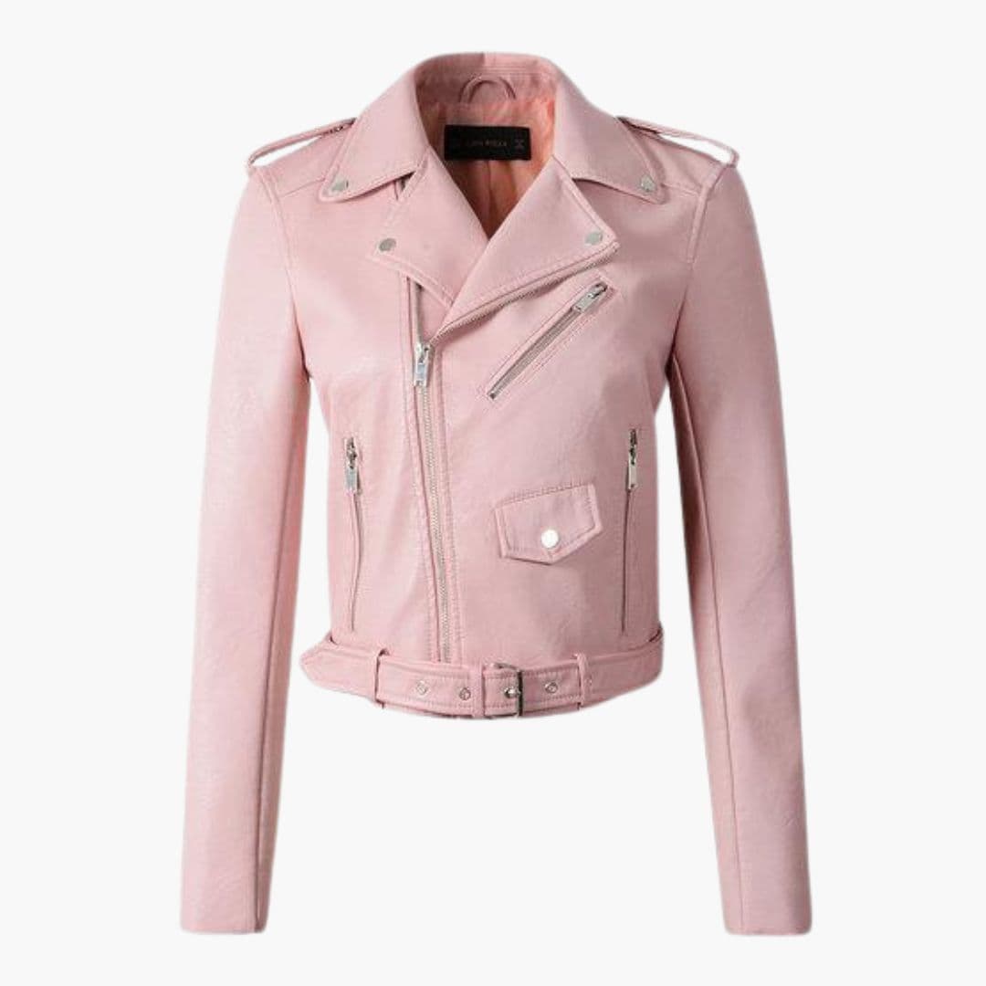 Women's black biker jacket asymmetrical zip closure wide lapel collar belt multiple pockets moto style