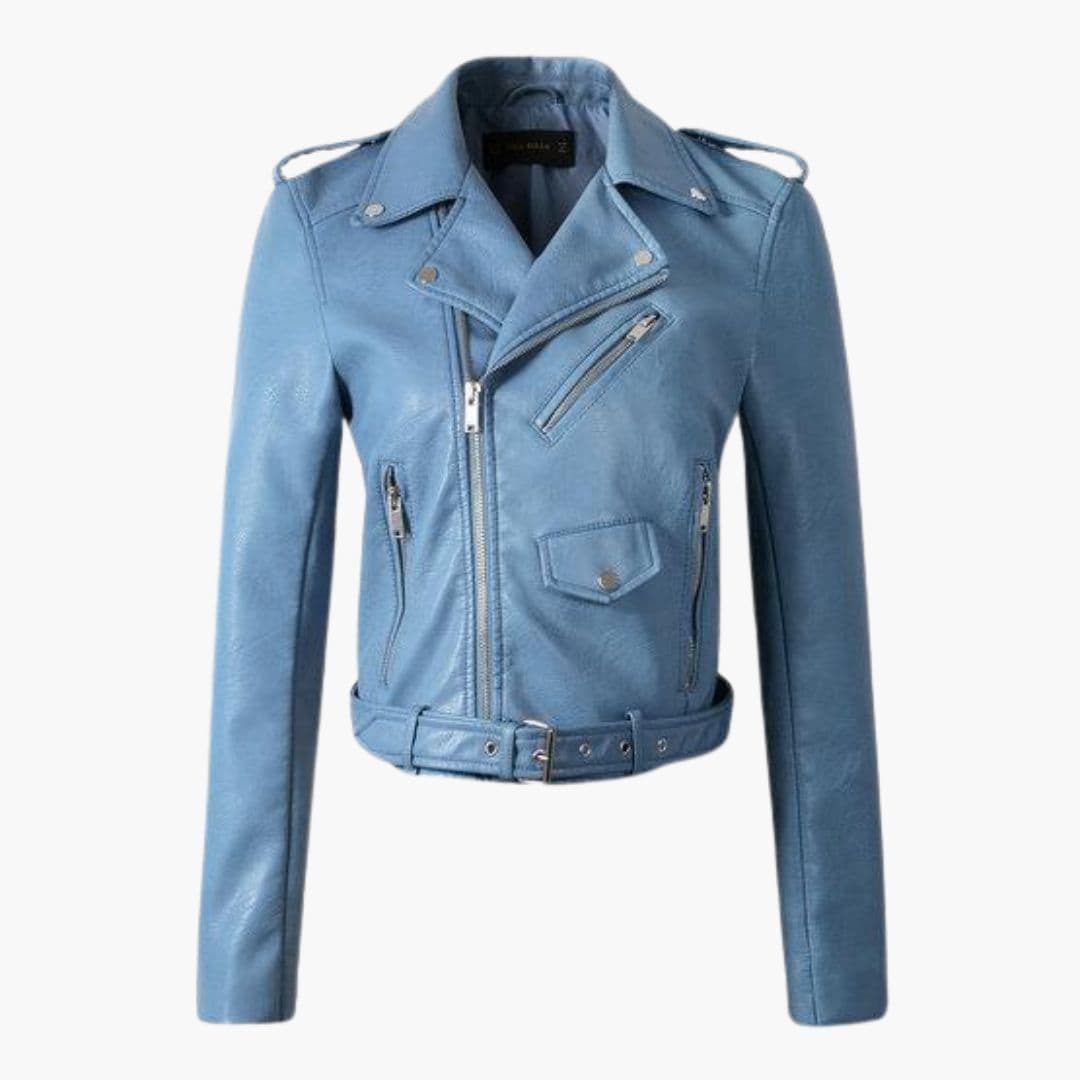 Women's black biker jacket asymmetrical zip closure wide lapel collar belt multiple pockets moto style
