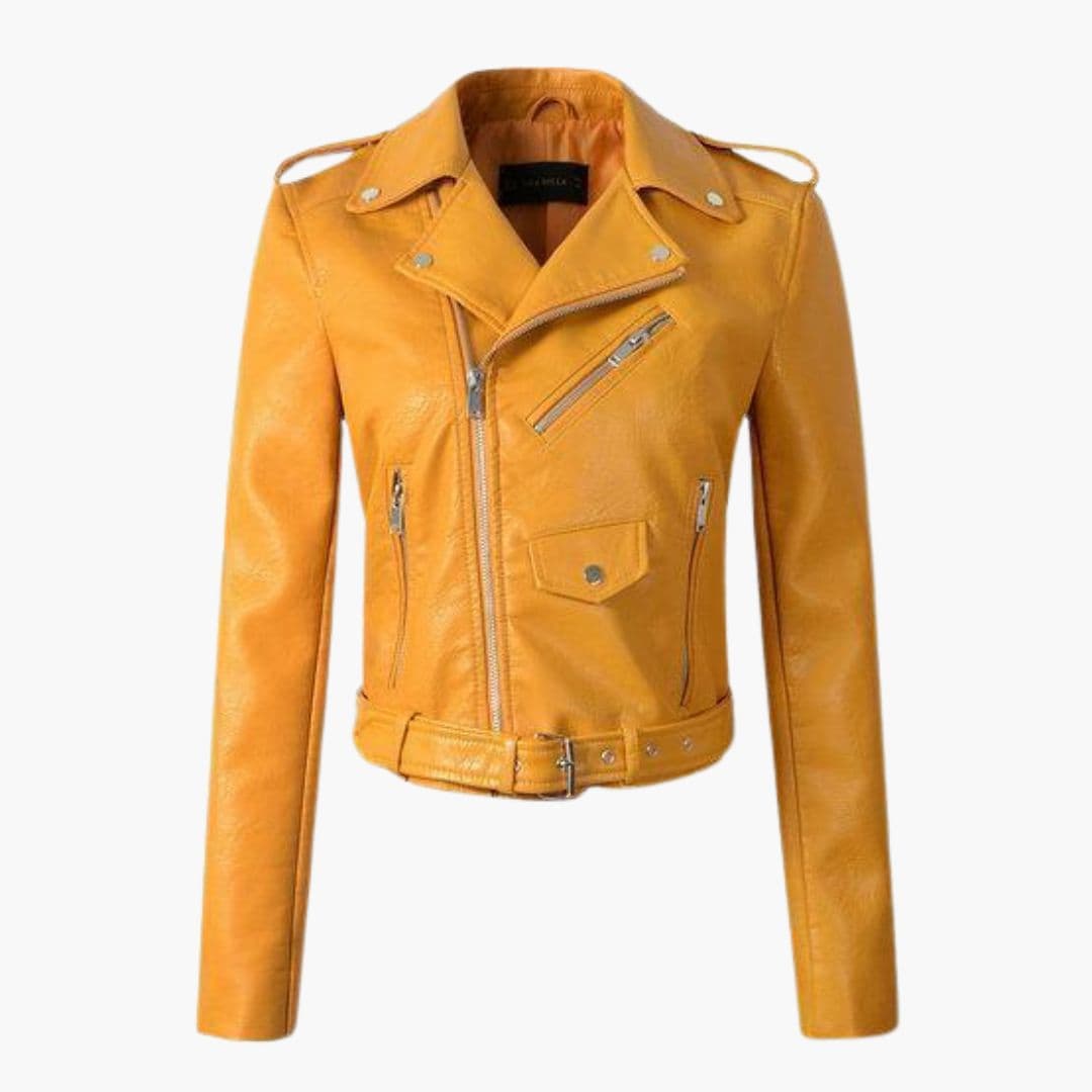 Women's black biker jacket asymmetrical zip closure wide lapel collar belt multiple pockets moto style