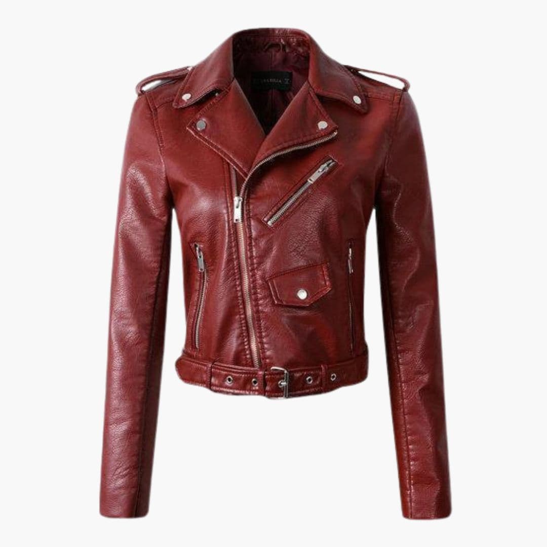 Women's black biker jacket asymmetrical zip closure wide lapel collar belt multiple pockets moto style