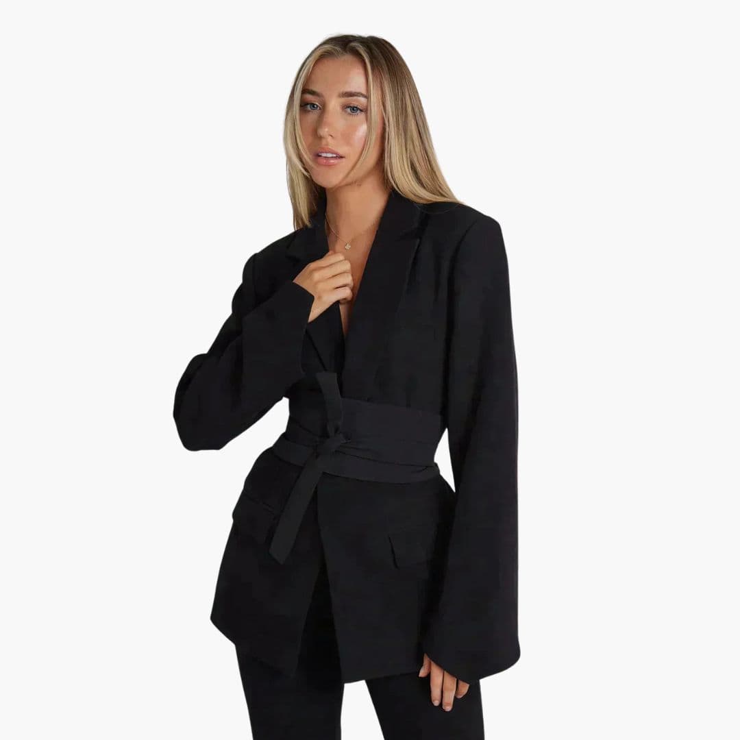 Women's belted blazer jacket wide sleeves notched collar tie waist belt professional chic office look