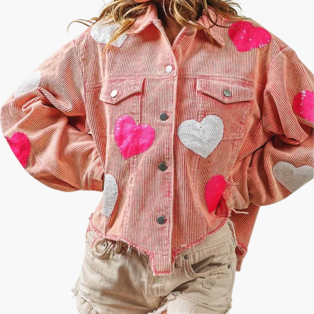 Women's sequin heart bomber jacket with ribbed texture, front button closure, chic casual fit
