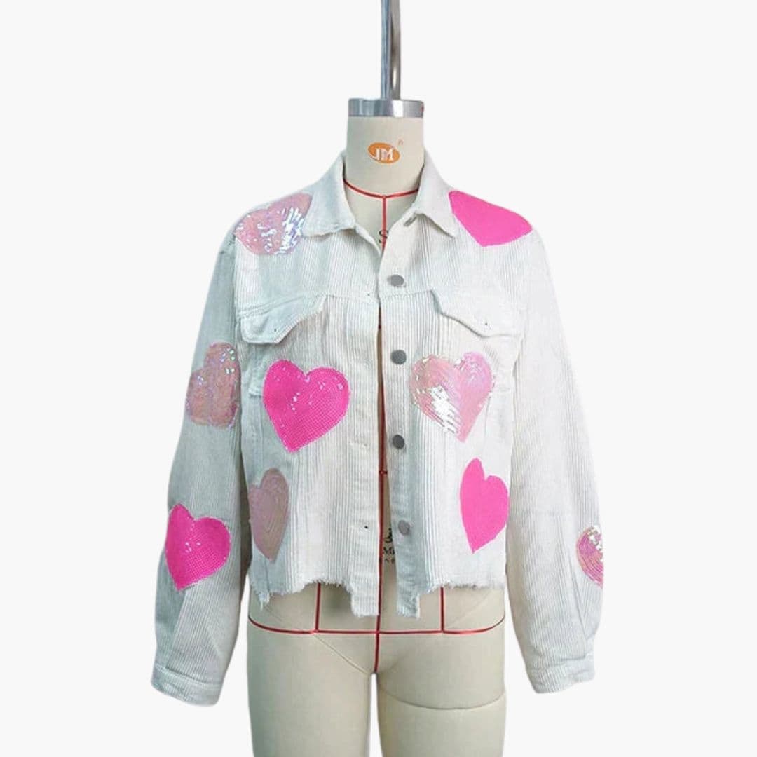 Women's casual bomber jacket with heart sequin details, ribbed texture, and front button closure