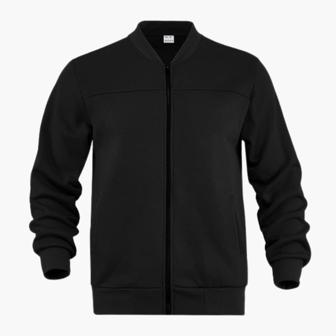 Men's zip-up bomber jacket with ribbed cuffs, collarless neckline, clean versatile everyday style