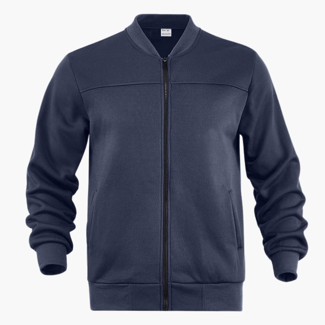 Men's zip-up bomber jacket with ribbed cuffs, collarless neckline, versatile everyday layering piece