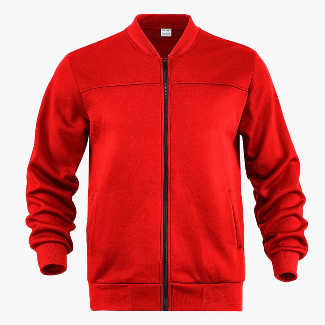 Men's zip-up bomber jacket with ribbed cuffs, collarless neckline, clean versatile everyday style