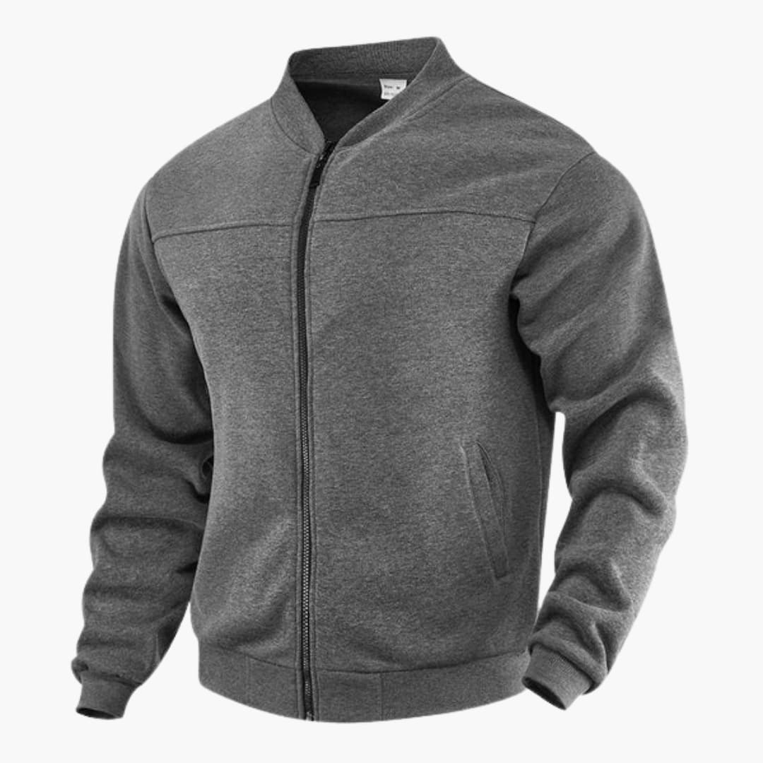 Men's zip-up bomber jacket with ribbed cuffs, collarless neckline, clean versatile everyday style