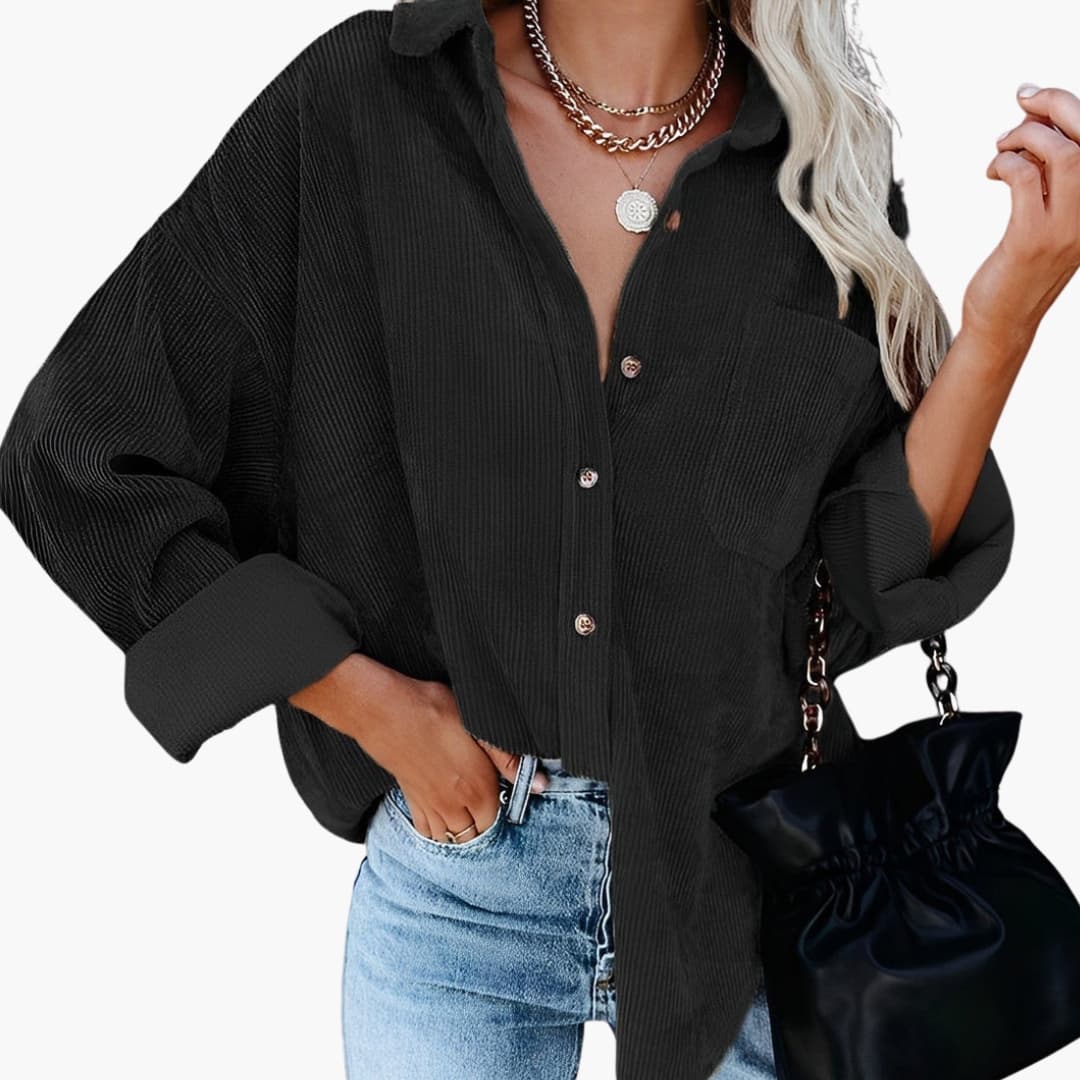 Women's brown corduroy shirt jacket with notch collar, button closure, and chest pocket