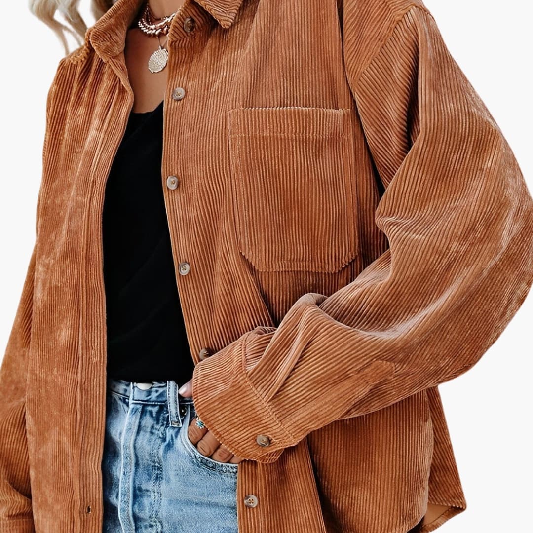 Women's brown corduroy shirt jacket with notch collar, button closure, and classic chest pocket
