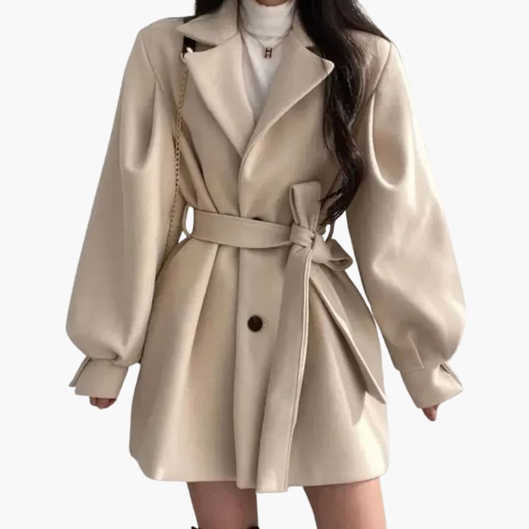 Women's short belted jacket wide lapel collar front button closure pockets flattering fit