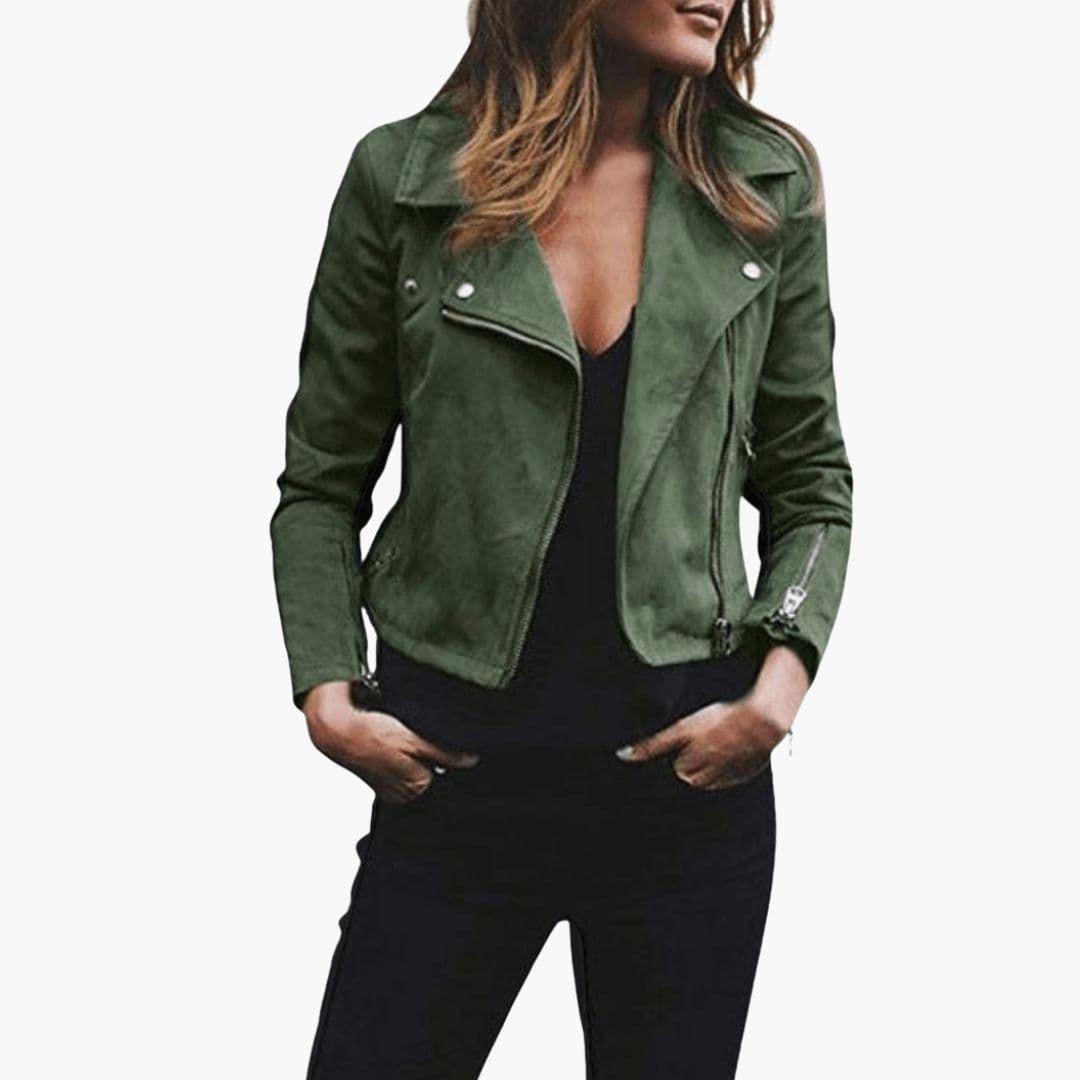 Women's black short biker jacket notched collar asymmetric zip front fitted waist urban style