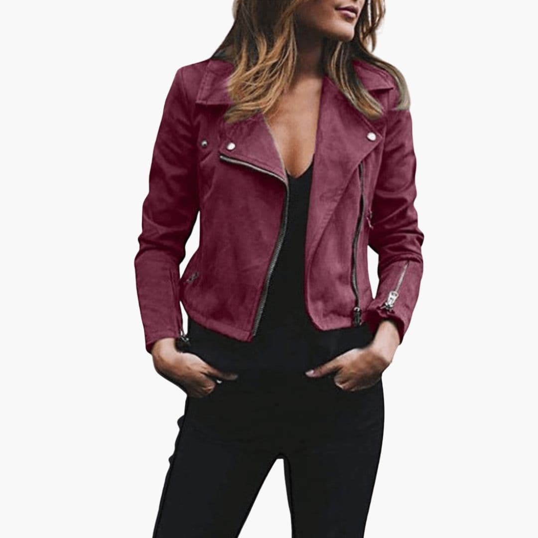 Women's black short biker jacket notched collar asymmetric zip front fitted waist urban style