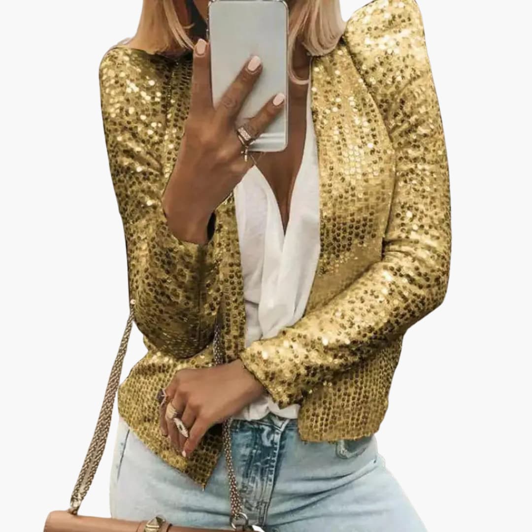 Women's silver sequin cropped jacket long sleeves open front glam evening style