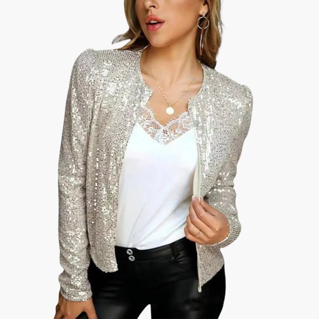 Women's silver sequin cropped jacket long sleeves open front glam evening style