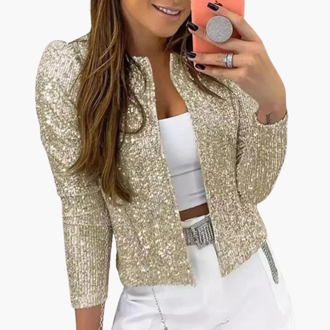 Women's silver sequin cropped jacket with long sleeves, open front, and glam-ready sparkle finish