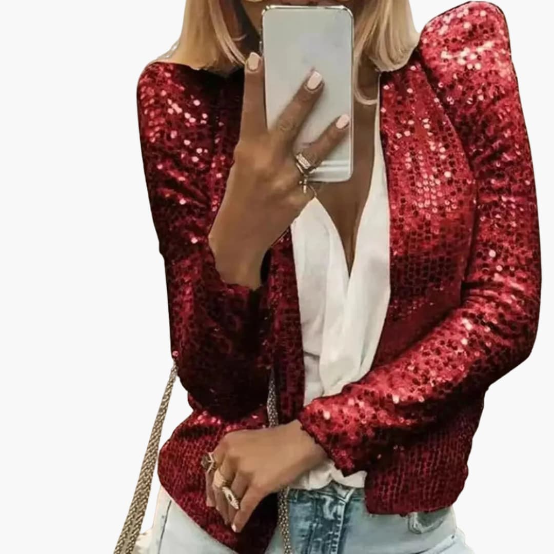 Women's silver sequin cropped jacket with long sleeves, open front, and glam-ready textured sparkle finish