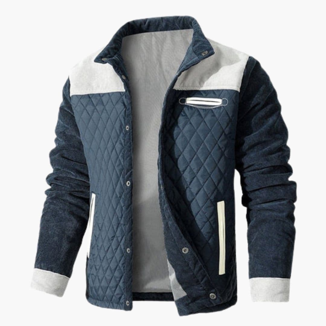 Men's navy quilted cruiser jacket with contrast shoulder panels and snap front closure, standard fit