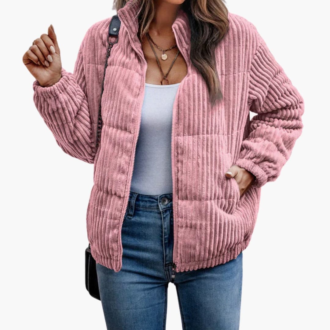 Women's green ribbed winter jacket with full-length zipper closure for cold weather warmth