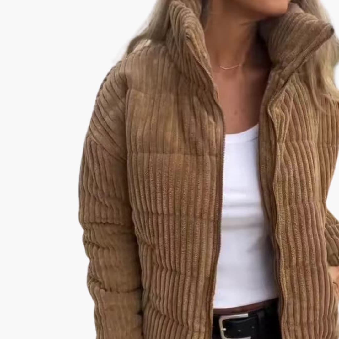 Women's green ribbed winter jacket with full-length zipper closure for cold weather warmth