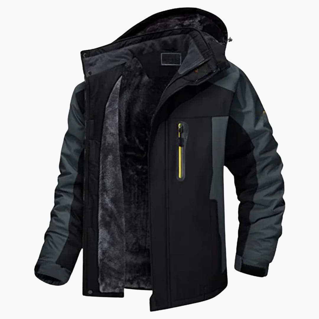 Men's hooded jacket with detachable hood, front zipper, multiple pockets, adjustable cuffs