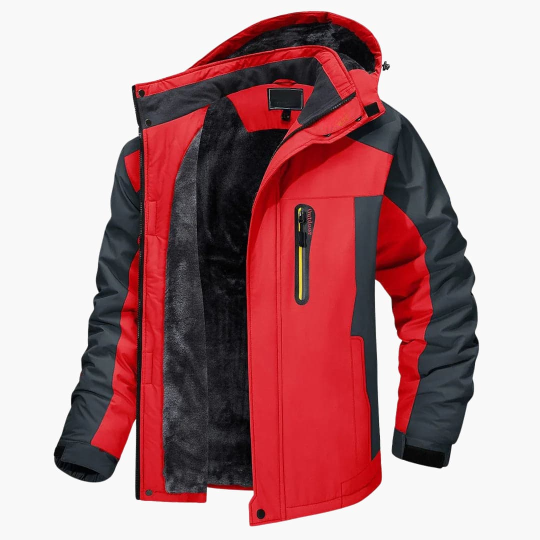 Men's hooded jacket with detachable hood, front zipper, multiple pockets, adjustable cuffs