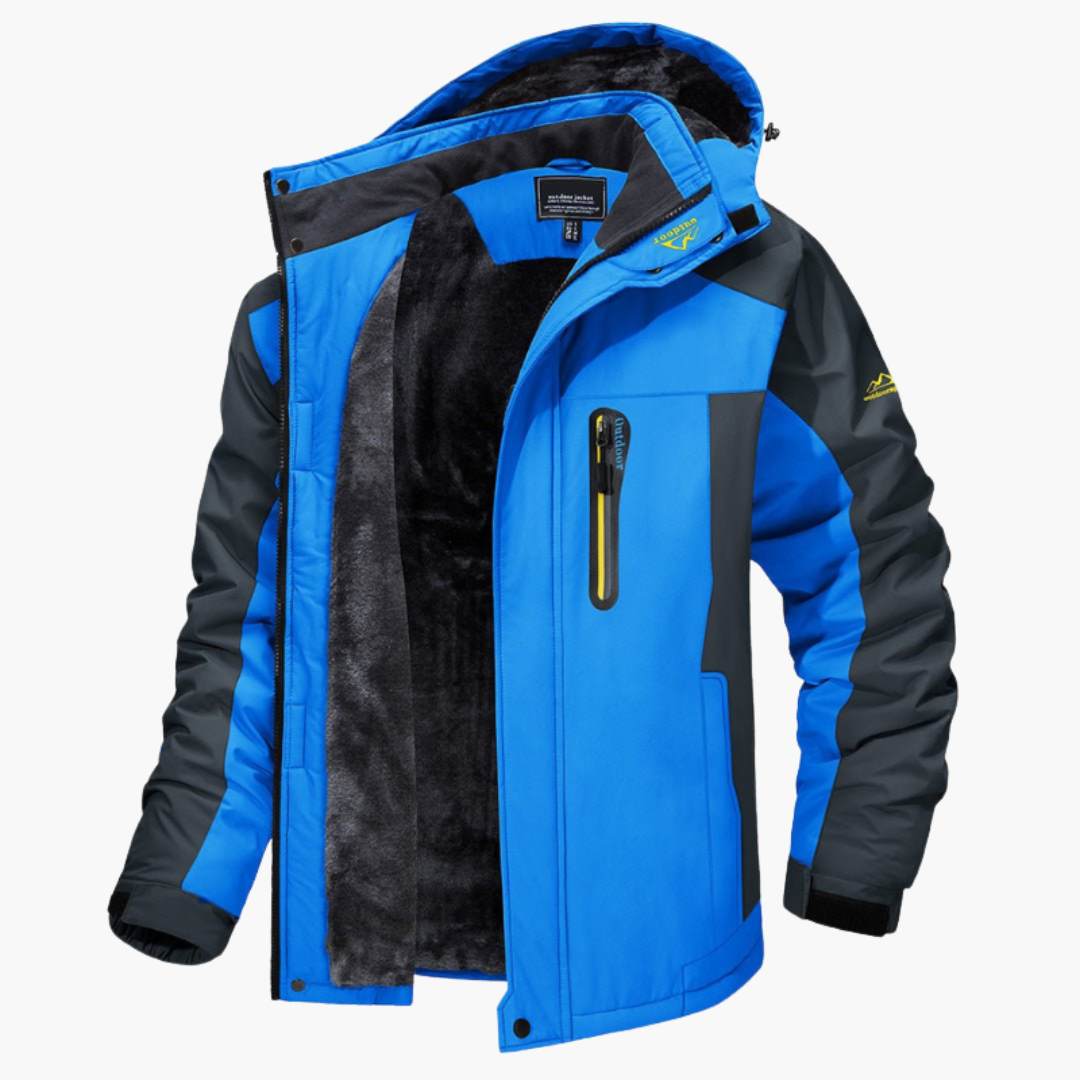 Men's insulated hooded jacket water-resistant shell front zip closure all-weather cold-weather outerwear