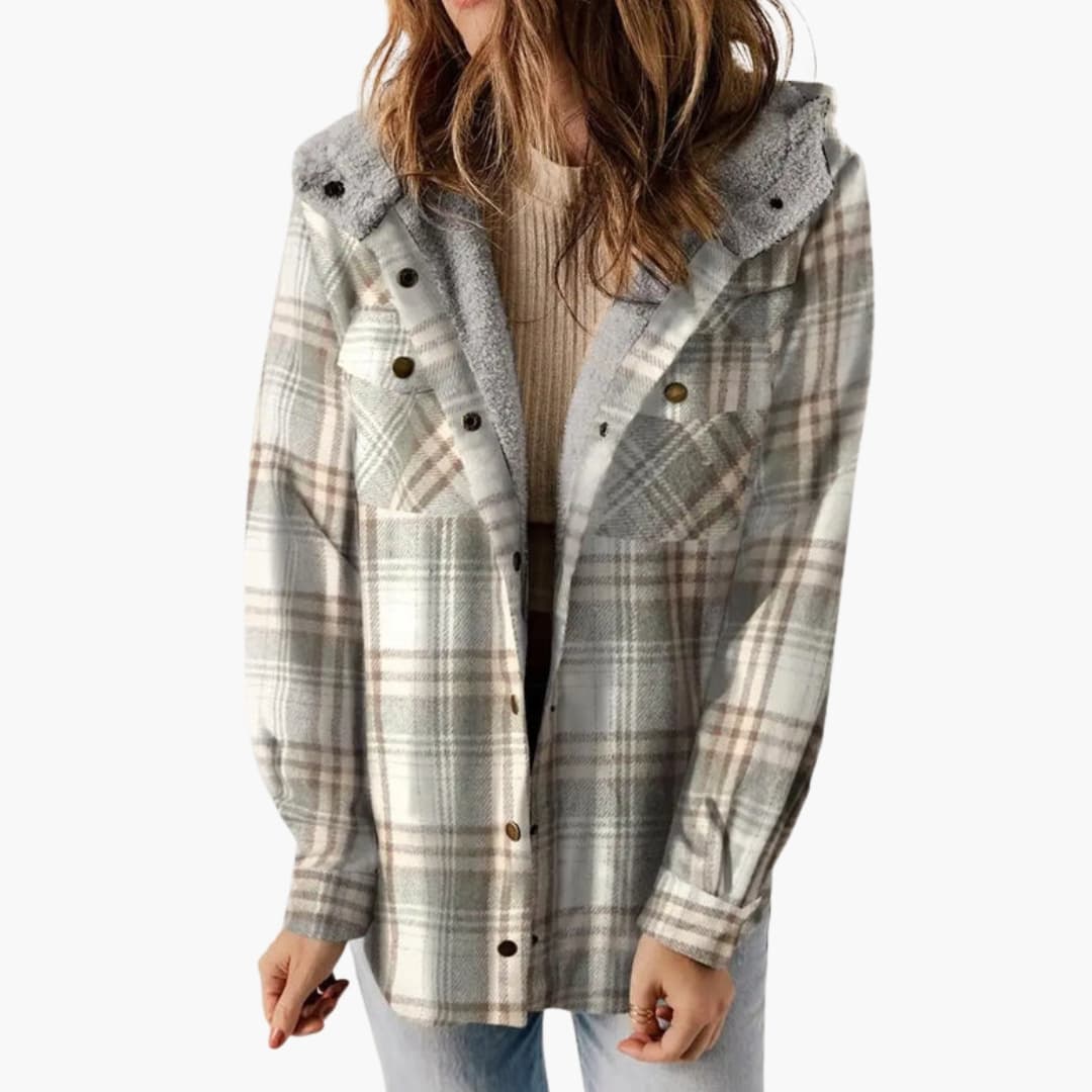Women's checkered winter jacket with hooded lining and button closure for all-day warmth