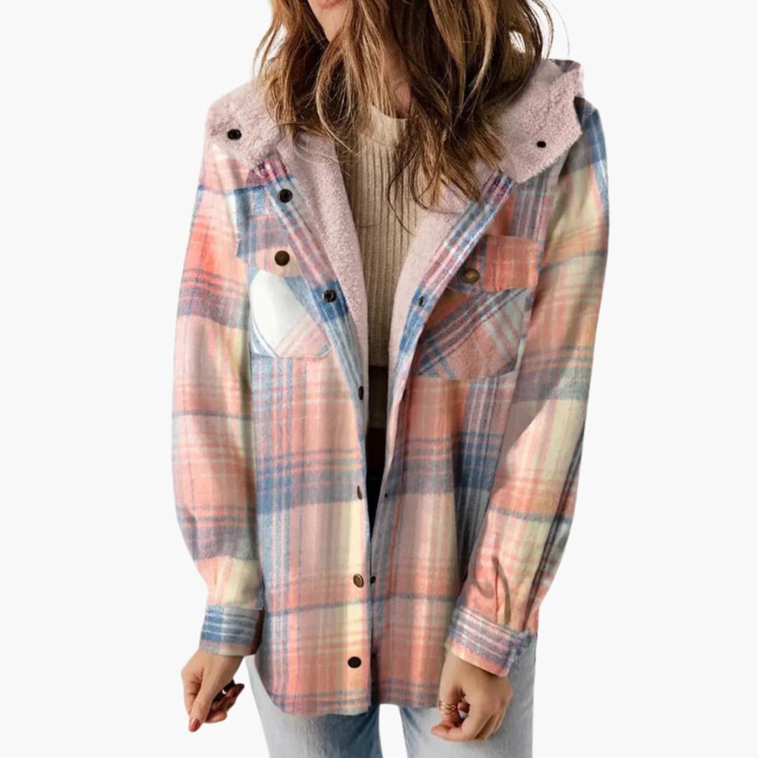 Women checkered winter jacket hooded lining button closure warm stylish cold weather outerwear