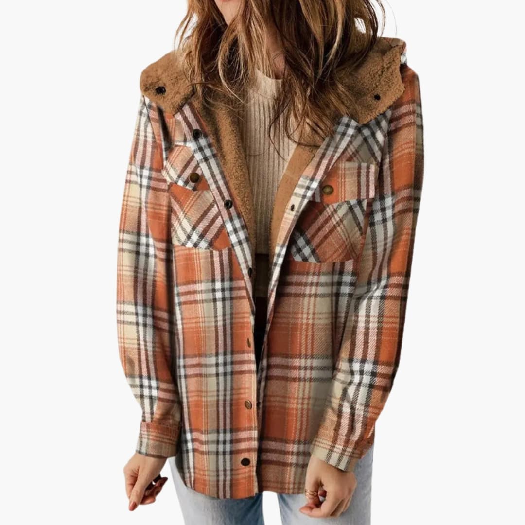 Women's checkered winter jacket with hooded lining and button closure for all-day warmth
