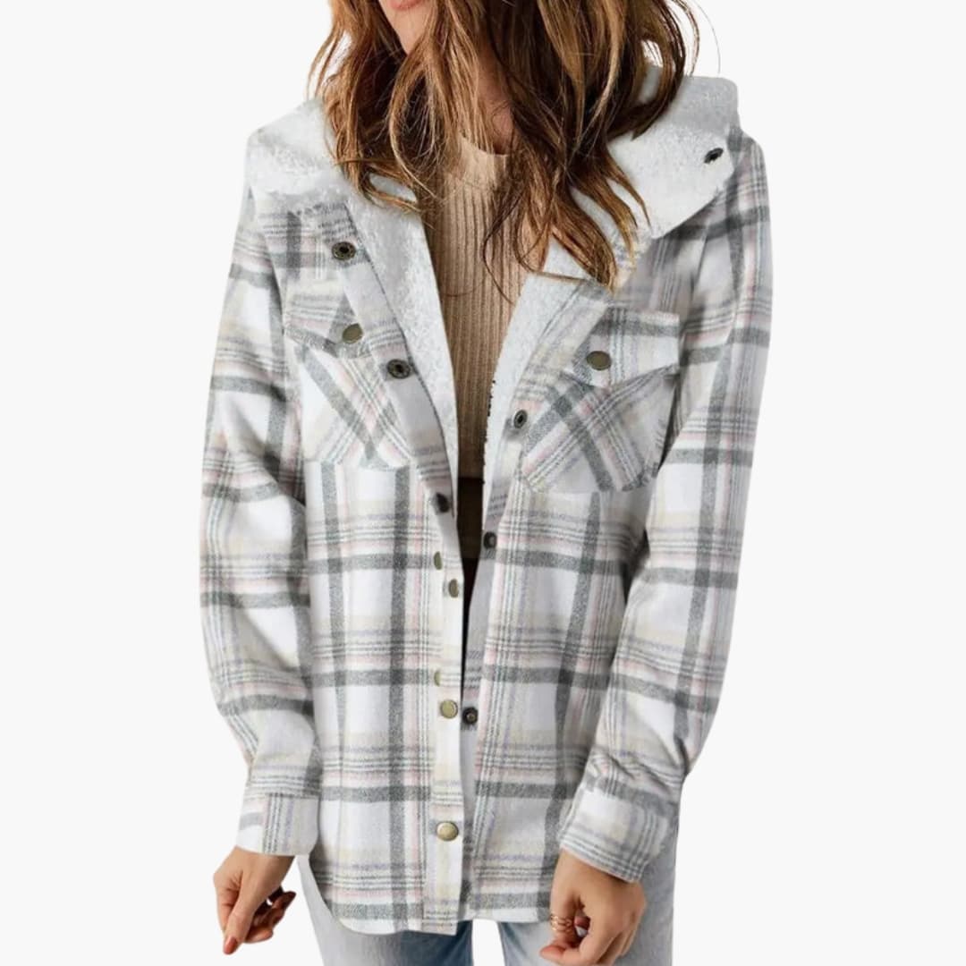 Women checkered winter jacket hooded lining button closure cozy stylish cold weather outerwear