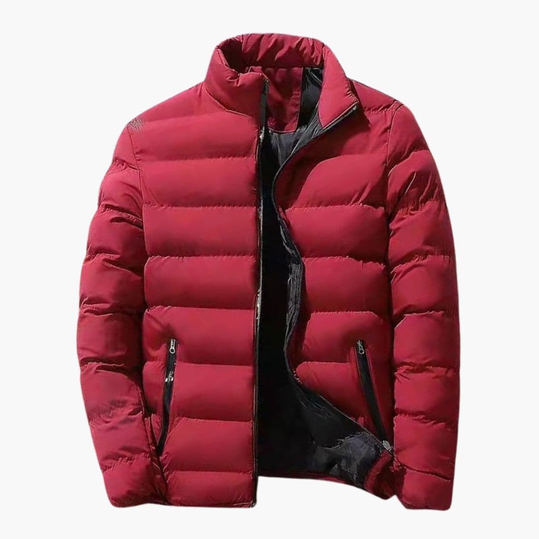 Men's quilted winter jacket navy blue stand-up collar zippered pockets slim fit cold weather