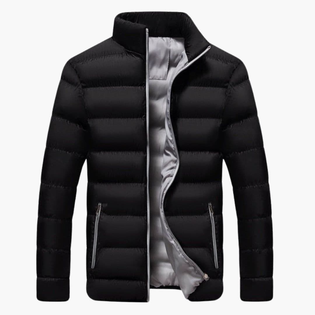 Men's quilted winter jacket navy blue stand-up collar zip pockets slim cold-weather fit