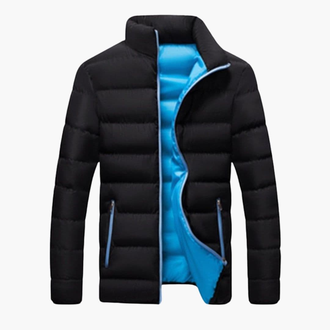 Men's quilted winter jacket in neutral tone, stand-up collar, zippered pockets, slim silhouette