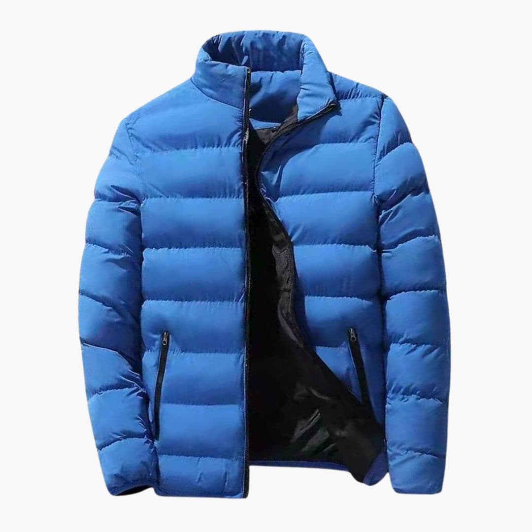 Men's quilted winter jacket navy blue stand-up collar zippered pockets slim silhouette cold weather