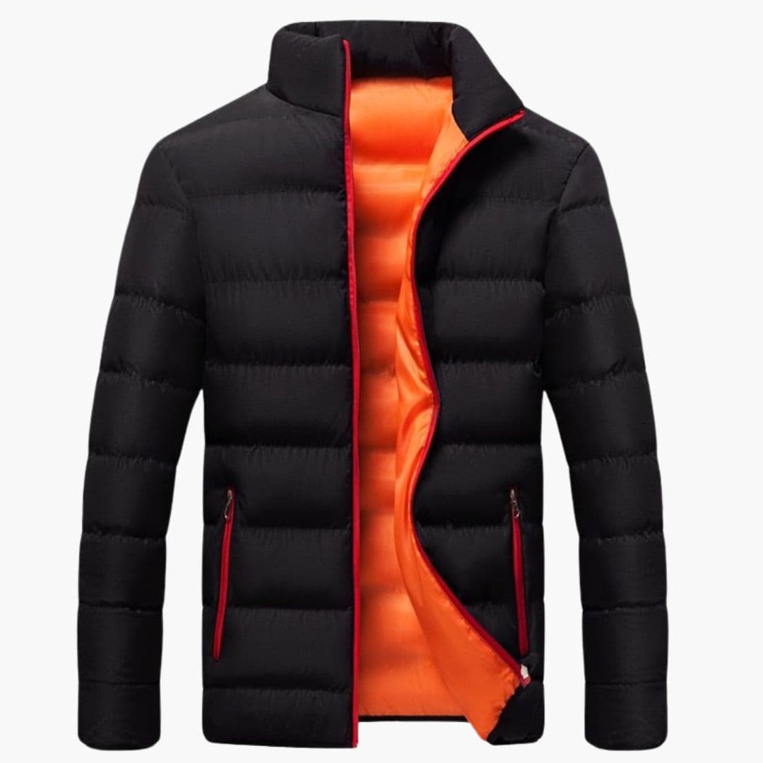 Men's quilted winter jacket in neutral tone, stand-up collar, zippered pockets, slim cold-weather fit