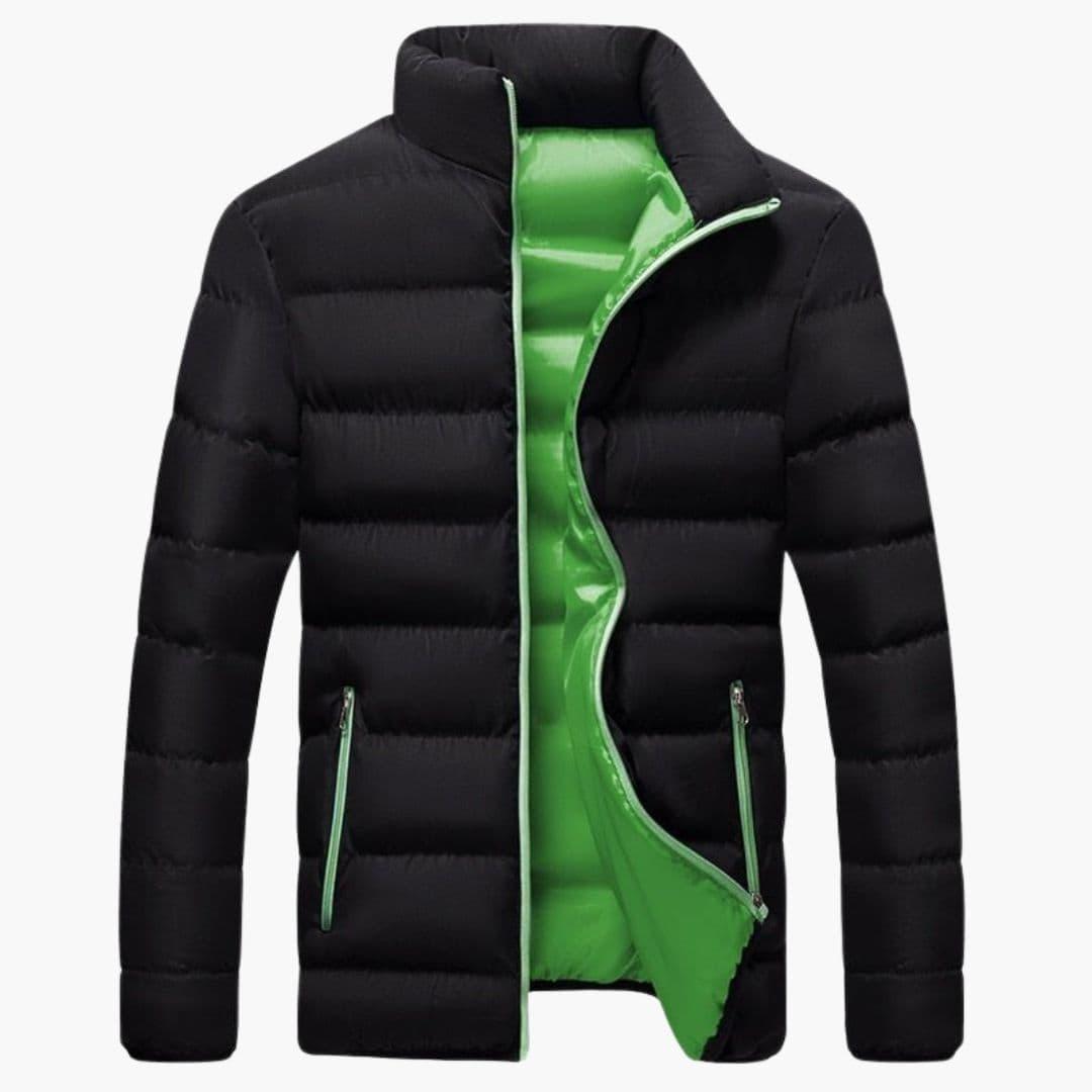 Men's quilted winter jacket navy blue stand-up collar zippered pockets slim fit cold weather