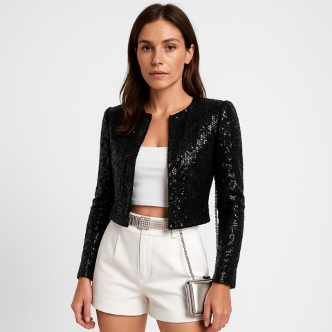 Silver sequin short evening jacket with structured fitted cut and all-over glamorous sparkle