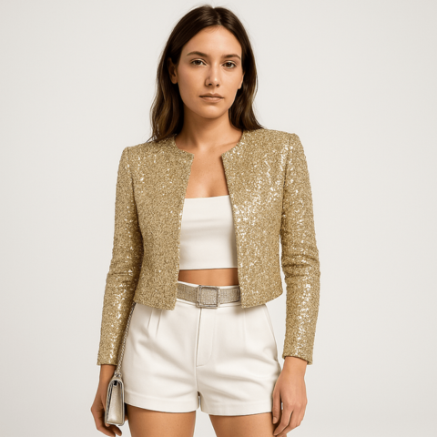 Silver sequin short evening jacket structured fitted cut glamorous sparkle festive party style