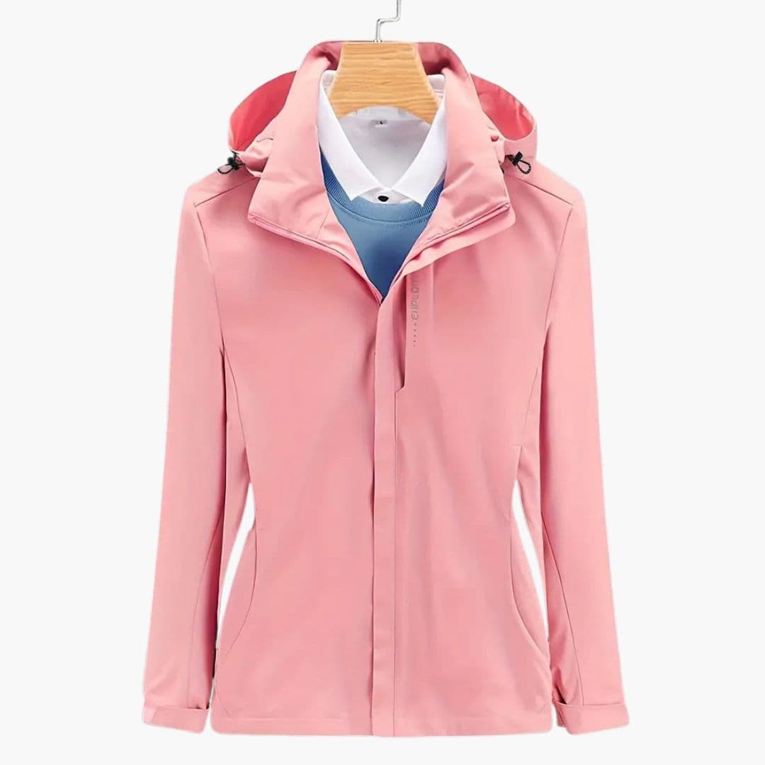 Women's hooded ski jacket with zippered pockets, adjustable hood cords, sleek modern fit for cold slopes